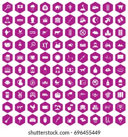 100 cow icons set in violet hexagon isolated vector illustration
