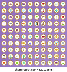 100 cozy house icons set in cartoon style on purple background vector illustration