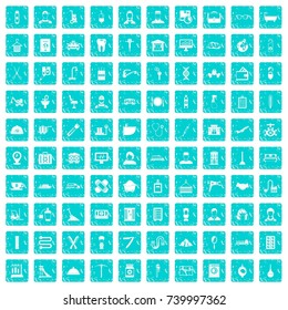 100 craft icons set in grunge style blue color isolated on white background vector illustration