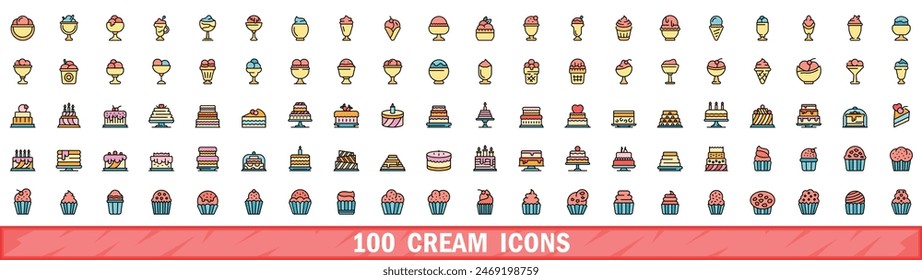 100 cream icons set. Color line set of cream vector icons thin line color flat on white
