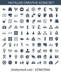 100 creative icons. Trendy creative icons white background. Included filled icons such as pencil, bulb, sun, son and father, protractor, brain surgery. creative icon for web and mobile.