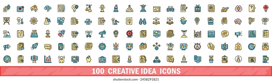 Conjunto de 100 iconos de ideas creativas. Conjunto de línea de color de iconos vectoriales de idea creativa línea fina de color plana en blanco