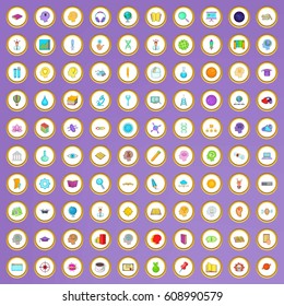 100 creative idea icons set in cartoon style on purple background vector illustration