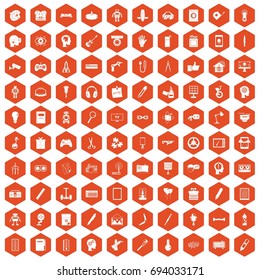 100 creative idea icons set in orange hexagon isolated vector illustration