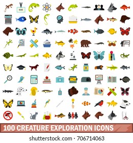 100 creature exploration icons set in flat style for any design vector illustration