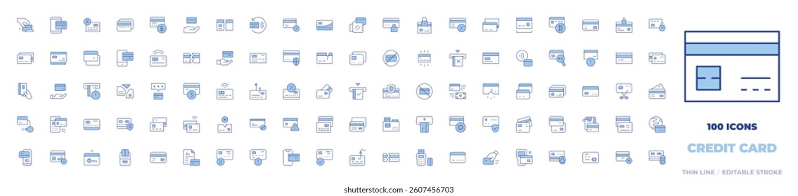 100 Credit card Icons Collection. Line Duotone style, editable stroke. credit card, swipe card, edc, payment, phishing, credit cards, broken, steal