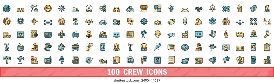 100 crew icons set. Color line set of crew vector icons thin line color flat on white