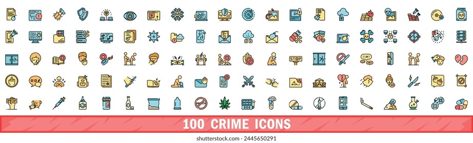 100 crime icons set. Color line set of crime vector icons thin line color flat on white