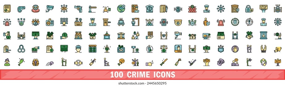 100 iconos de crimen. Conjunto de línea de color de iconos de vectores de crimen línea delgada color plana en blanco