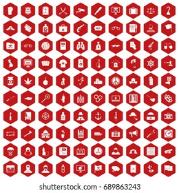 100 crime investigation icons set in red hexagon isolated vector illustration
