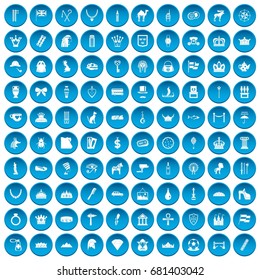 100 crown icons set in blue circle isolated on white vector illustration