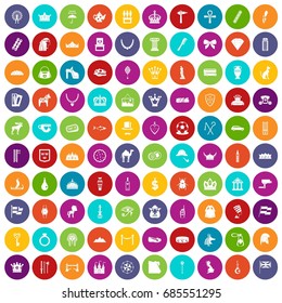 100 crown icons set in different colors circle isolated vector illustration