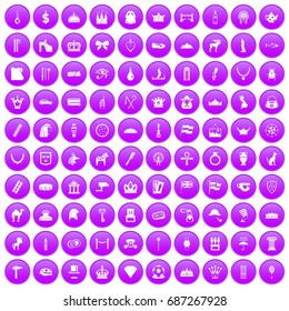 100 crown icons set in purple circle isolated on white vector illustration