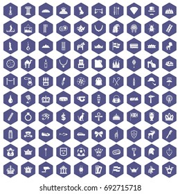 100 crown icons set in purple hexagon isolated vector illustration