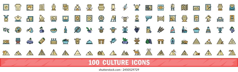 100 culture icons set. Color line set of culture vector icons thin line color flat on white