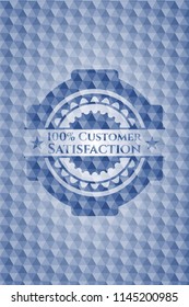 100% Customer Satisfaction blue emblem with geometric pattern background.