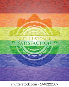 100% Customer Satisfaction emblem on mosaic background with the colors of the LGBT flag