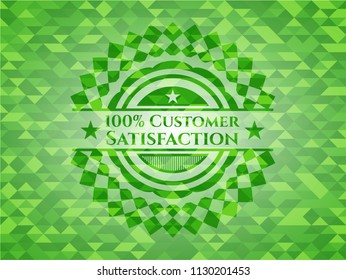 100% Customer Satisfaction green emblem with triangle mosaic background