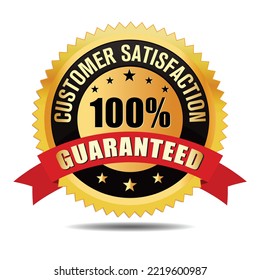 100% Customer Satisfaction Guaranteed Badge with Red Ribbon and Star Object for Business, Website, Sales Page and Products Funnel