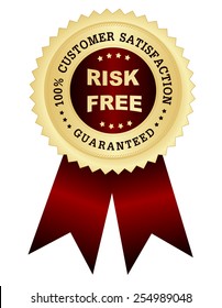 100% customer satisfaction guaranteed golden seal with risk free text on center,  red / maroon color shiny ribbons. 