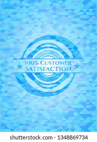 100% Customer Satisfaction light blue emblem with mosaic background