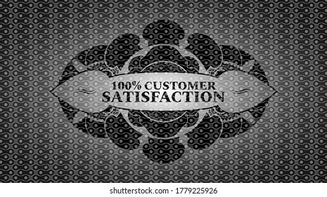 100% customer satisfaction text inside dark abstract badge. Pattern graceful background. Vector illustration. 