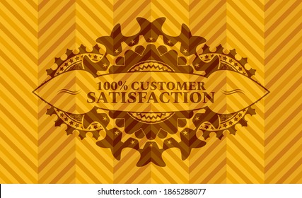 100% customer satisfaction text inside orange color badge. Geometric handsome background. Intense illustration. 