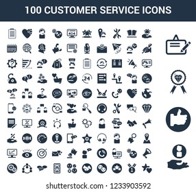 100 Customer Service universal icons set with Customer, Like, Quality, Clipboard, Rating, Medal, Star, Review, Hand shake, Review