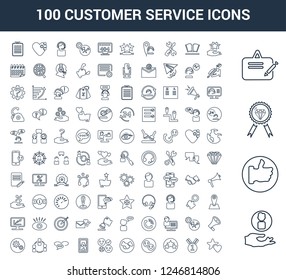 100 Customer Service universal linear icons set with Customer, Like, Quality, Clipboard, Rating, Medal, Star, Review, Hand shake, Review