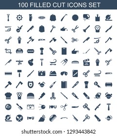 100 cut icons. Trendy cut icons white background. Included filled icons such as electric saw, saw, manicure scissors, comb, razor, knife, I love you. cut icon for web and mobile.