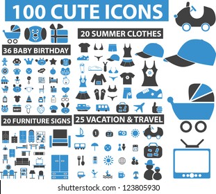 100 cute baby, travel, summer clothes, furniture icons set, vector