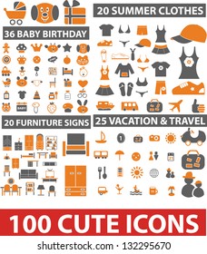 100 cute clothes, birthday, presentation, vacation, travel icons set, vector