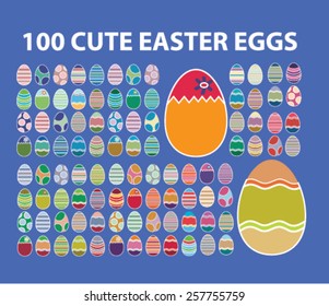 100 cute easter eggs, icons, signs, illustrations concept design set on background for website, internet, template, application, advertising.