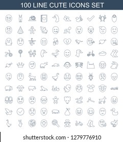 100 cute icons. Trendy cute icons white background. Included line icons such as hippopotamus, smoking emot, socks, bike, teddy bear, bacteria, angry emoji. cute icon for web and mobile.
