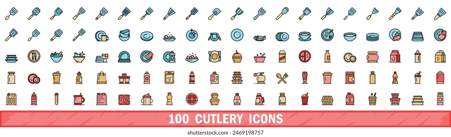 100 cutlery icons set. Color line set of cutlery vector icons thin line color flat on white