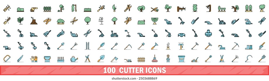 100 cutter icons set. Color line set of cutter vector icons thin line color flat on white