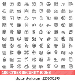 100 cyber security icons set. Outline illustration of 100 cyber security icons vector set isolated on white background