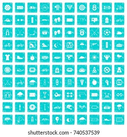 100 cycling icons set in grunge style blue color isolated on white background vector illustration