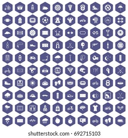 100 cycling icons set in purple hexagon isolated vector illustration