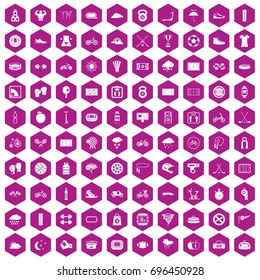 100 cycling icons set in violet hexagon isolated vector illustration