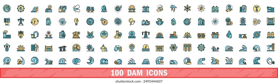 100 dam icons set. Color line set of dam vector icons thin line color flat on white