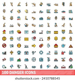 100 danger icons set. Color line set of danger vector icons thin line color flat on white