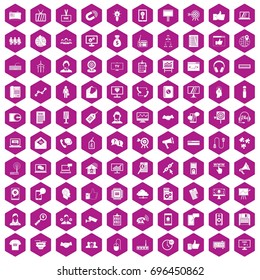 100 data exchange icons set in violet hexagon isolated vector illustration
