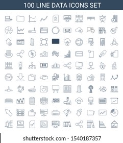 100 Data Icons. Trendy Data Icons White Background. Included Line Icons Such As Graph On Board, Graph, Binder, Share, Chart, Wi Fi, File, Laptop. Data Icon For Web And Mobile.