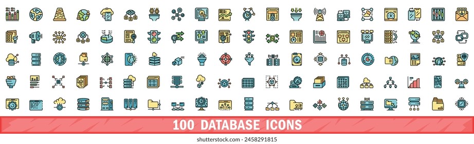 100 database icons set. Color line set of database vector icons thin line color flat on white