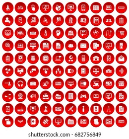 100 database icons set in red circle isolated on white vector illustration
