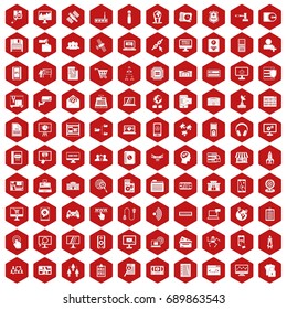 100 database icons set in red hexagon isolated vector illustration