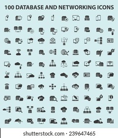 100 Database Server and networking icons on blue background,clean vector