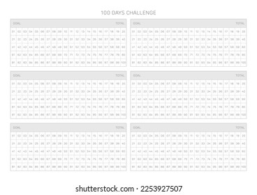 100 Day Challenge design template in a modern, simple, and minimalist style. Note, scheduler, diary, calendar, planner document template illustration.