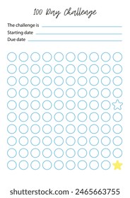 100 day challenge. planner pages templates. Organizer page, diary and daily control book. Life planners, monthly, weekly and days organizers or office schedule list. Graphic organization paper vector.